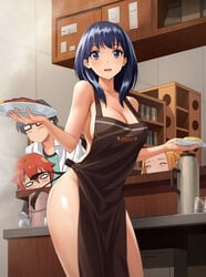 1girls 3boys :d adult_swim apron black-framed_eyewear black_apron black_hair blue_eyes blue_hair blush borr breasts clavicle cleavage counter cup drinking_glass eyebrows_visible_through_hair female food gridman_(character) hadaka_apron hair_between_eyes hibiki_yuuta holding holding_plate indoors large_breasts leaning_to_the_side long_hair looking_at_viewer male megane multiple_boys naked_apron obaoba_(monkeyix) open_mouth plate quartet red_hair shelf smile ssss.gridman takarada_rikka toonami upper_teeth utsumi_shou wide_oval_eyes