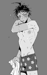 boxers boxers_(clothing) boxers_only danganronpa danganronpa_2:_goodbye_despair hinata_hajime male male_focus male_only monochrome nipples pecs pecs_focus pectorals puffy_nipples shirtless shirtless_male solo solo_focus solo_male tan_body tan_lines tan_skin tanline tanlines underwear underwear_only uurin
