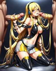 2boys1girl ai_generated blonde_hair blue_eyes boots clothed_female_nude_male hairjob headphones kneeling large_breasts large_penis lily_(vocaloid) penis simple_background skirt thighs tongue_out very_long_hair vocaloid