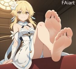 ai_female ai_generated barefoot blonde_hair faiart feet female foot_fetish foot_focus genshin_impact hair_flower light-skinned_female light_skin lumine_(genshin_impact) orange_eyes sitting