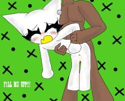1boy1girl abs arm_grabbing blush body_grab brown_body closed_eyes cum_inside cum_inside_pussy dominant_male ear_clip femtanyl furry green_background massive_cum oerba_yun_fang petite_body size_difference tagme taken_from_behind tears_of_pain token_(femtanyl) vaginal_penetration white_body white_cat white_text