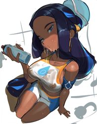 1girls alternate_breast_size areolae big_breasts bloop blue_eyes blue_hair bottle breasts clothed dark-skinned_female dark_skin earrings erect_nipples erection_under_clothes eye_contact eyeshadow half-closed_eyes holding hoop_earrings human human_only long_hair looking_at_viewer makeup nessa_(pokemon) nintendo nipples pokemon pokemon_ss pose see-through shirt shorts sitting sketch sportswear tank_top water water_bottle wet wet_clothes white_background wide_hips