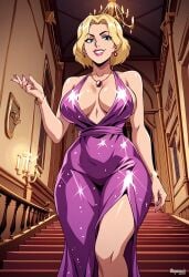1girls ai_generated big_breasts big_breasts blonde_hair bracelet breasts breasts cleavage creature_commandos dc_comics dress earrings evening_gown female female female_focus female_only gown ilana_rostovic jewelry large_boobs large_breasts looking_at_viewer necklace pink_dress plunging_necklace short_hair smile solo solo_female solo_focus staircase zupern0va_(manipper)