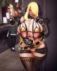 1boy 1girls alleyway blonde_female blonde_hair com3d2 cynthia_(pokemon) fingering fingering_self fingers game_freak gyaru negakura_imu nintendo pokemon_dppt