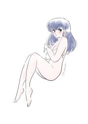 1girls amamorituyuko artist_signature blue_hair blush breasts completely_nude covering covering_breasts covering_self feet full_body kyoko_otonashi long_hair maison_ikkoku nude pale-skinned_female pale_skin solo solo_female white_background