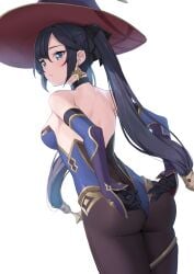 absurdres adjusting_clothes adjusting_leotard alternate_version_available aqua_eyes ass black_hair blush breasts commentary_request earrings elbow_gloves female genshin_impact ginopi gloves hat highleg highleg_leotard highres jewelry leotard long_hair looking_back mona_(genshin_impact) pantyhose parted_lips simple_background solo strapless strapless_leotard thigh_strap twintails white_background witch_hat