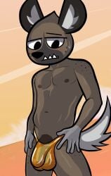 absurd_res aggretsuko anthro balls blackmore bodily_fluids brown_body bulge cloud genitals haida_(aggretsuko) hi_res hyena male mammal markings navel nipples sanrio sky solo spots spotted_body spotted_hyena sweat sweatdrop tail water