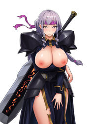 1girls areolae armor armored_dress bangs belt black_armor blush braid breast_rest breasts breasts_out breasts_out_of_clothes closed_mouth cowboy_shot dress embarrassed exposed exposed_breasts exposed_nipples faulds female female_only female_solo frown hair_twirling headband huge_weapon large_breasts lavender_hair long_hair looking_at_viewer lost_clothes nipples obaoba_(monkeyix) original pauldron pelvic_curtain purple_hair shiny shiny_skin shoulder_armor sidelocks simple_background solo standing thighs tied_hair torn_clothes torn_dress twin_braids weapon weapon_on_back white_background