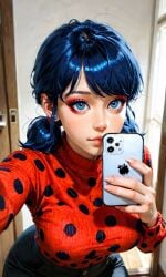 1girls ai_generated blue_eyes blue_hair clothed_female disney disney_channel earring eyebrows eyelashes eyeliner eyeshadow female hi_res holding_phone iphone ladybug_(character) large_ass large_breasts long_fingernails looking_at_viewer marinette_cheng marinette_dupain-cheng miraculous:_tales_of_ladybug_and_cat_noir miraculous_ladybug selfie solo solo_female solo_focus taking_selfie twintails waifufamily