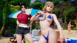 2girls 3d beach big_breasts bikini black_hair blonde_hair blue_eyes bracelet breasts cowboy_shot detailed_background female female_only ggadams highres honey_select_2 jewelry light-skinned_female light_skin long_hair necklace outdoors slim sophitia_alexandra soul_calibur standing taki