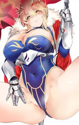 ahoge artoria_pendragon artoria_pendragon_(lancer) ass bangs blue_gloves blue_legwear blue_leotard blush braid breasts cape cleavage covered_navel crown elbow_gloves fate/grand_order fate_(series) female french_braid fur_trim gauntlets gloves green_eyes hair_between_eyes heart heart-shaped_pupils highleg highleg_leotard lance large_breasts leotard long_hair looking_at_viewer marushin_(denwa0214) open_mouth polearm red_cape rhongomyniad sidelocks simple_background solo spread_legs swept_bangs symbol-shaped_pupils thighs tied_hair underbust weapon white_background