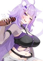 1boy animal_ear_fluff animal_ears bar_censor black_bra blush bra breasts cat_ears cat_girl censored female handjob highres hololive kajimakoto large_breasts long_hair looking_at_viewer male nekomata_okayu nekomata_okayu_(personya_respect) oerba_yun_fang official_alternate_costume parted_lips purple_eyes purple_hair simple_background sitting underwear virtual_youtuber white_background
