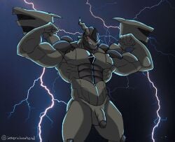 anthro balls bara flaccid flexing genericboxhead male male_only muscles muscular nintendo nude penis pokemon solo solo_male zekrom
