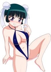 beyblade beyblade_metal_fusion big_breasts blush breasts chinese_female helltzujih mei_mei_(beyblade) metal_fight_beyblade purple_eyes smile smiling smiling_at_viewer swimsuit swimwear teal_hair twin_buns