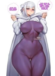 1girls bokuman cameltoe cape emilia_(re:zero) large_breasts looking_at_viewer purple_eyes white_hair wide_hips