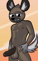 absurd_res aggretsuko anthro balls blackmore bodily_fluids brown_body cloud duo foreskin genitals haida_(aggretsuko) hi_res hyena male mammal markings navel nipples penis sanrio sky solo spots spotted_body spotted_hyena sweat sweatdrop tail water