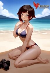 1girls 2d ai_generated ass back barefoot beach big_ass big_breasts bikini black_bikini breasts camera day erophoenix feet gradient_hair looking_at_viewer looking_back multicoloured_hair outdoors pale_skinned_female patreon_username red_hair ruby_rose rwby short_hair sitting sky smile soles solo swimsuit two-tone_hair umbrella uncensored