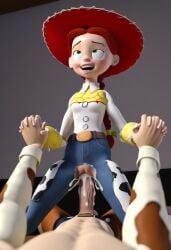 ai_generated big_penis braid clothed cowboy_hat cowgirl_position cum cum_in_pussy cum_inside disney female green_eyes jeans jessie_(toy_story) penis penis_in_pussy pixar red_hair torn_clothes toy_story vaginal_penetration