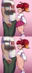 bulge bulge_grinding bulge_rubbing bulging_penis clenched_fist demon demon_girl evil horny imp juju_(lechlewds) lech_lewds looking_at_bulge looking_down looking_pleasured no_nut_november no_nut_sabotage orange_eyes penis_on_belly precum pressed_against red_hair seductive smaller_female temptation tempting trying_not_to_cum twintails young younger_female