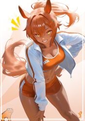 1girls animal_ears bangs black_shorts blush bra breasts brown_hair clavicle cleavage clothing crop_top dark-skinned_female dark_skin female food-themed_hair_ornament grin hair_between_eyes hair_intakes hair_ornament hand_on_own_hip horse_ears horse_girl horse_race_test horse_tail jacket jovial_merryment large_breasts leaning_forward long_hair long_sleeves looking_at_viewer medium_breasts midriff navel notice_lines open_clothes open_jacket orange_eyes orange_hair orange_shorts ponytail pracuneth shirt short_shorts shorts smile solo sports_bra sportswear standing tail teeth thighs track_jacket white_jacket white_shirt yellow_eyes