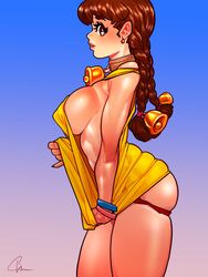 bell bell_collar belle_(cheunchin) breasts cheunchin collar female gradient gradient_background pulling sideboob skindentation solo standing