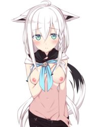 ahoge animal_ear_fluff animal_ears bangs bikini blue_eyes blue_neckwear blush breast_hold breasts breasts_out closed_mouth clothes_pull ears_down eyebrows_visible_through_hair female fox_ears fox_girl fox_tail frown fuji_yoshida highres hololive hololive_gamers hololive_gen_1 hololive_japan kemonomimi kitsune long_hair medium_breasts nipples pussy shirakami_fubuki shirt_pull shorts shorts_pull simple_background solo standing stomach swimsuit tail thighhighs uncensored virtual_youtuber white_hair