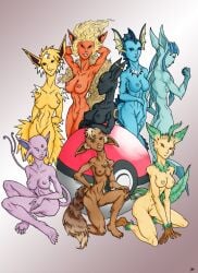 big_breasts breasts eevee eeveelution espeon female flareon generation_1_pokemon generation_2_pokemon generation_4_pokemon glaceon group hands_behind_head hi_res humanoid jolteon leafeon looking_at_viewer nintendo nipples onespoonybroad pokeball pokemon pokemon_(species) pokemon_humanoid pseudo_hair umbreon vaporeon