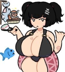 1female 1girls 2d 2d_artwork asian asian_bimbo asian_female big_breasts bikini bikini_top bimbo black_hair breasts breasts_bigger_than_head cameltoe curvaceous curvy curvy_body curvy_female curvy_figure heart heart_symbol heart_tattoo hira.shotgun holding holding_chopsticks holding_object huge_breasts kimchi_(hira.shotgun) large_breasts light-skinned_female light_skin looking_at_viewer original_character simple_background simple_eyes solo_focus sushi swimsuit swimwear tattoo tattoo_on_arm tattoo_on_breast tattoo_on_chest thick_legs thick_thighs thighs twintails unique_style voluptuous voluptuous_female