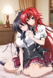 2girls ai_generated akeno_himejima antenna_hair bed big_breasts black_hair_female blue_green_eyes blush breasts crimson_hair_female crossed_bangs curvy_females females_only grabbing_another's_breasts grabbing_breasts_from_behind hair_ribbon high_ponytail high_school_dxd huge_ahoge indoors lesbian_couple lesbians light-skinned_female loose_hair muaver_ai orange_ribbon rias_gremory schoolgirl_uniform schoolgirls smile thick_thighs very_long_hair_female very_long_ponytail violet_eyes voluptuous_female wide_hipped_female yuri