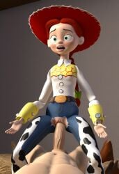 ai_generated big_penis braid clothed cowboy_hat cowgirl_position disney female green_eyes jeans jessie_(toy_story) penis penis_in_pussy pixar red_hair torn_clothes toy_story vaginal_penetration