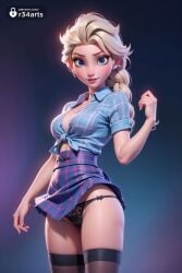 1girls ai_generated artist_name black_panties black_thighhighs blonde_hair blue_eyes blue_shirt blush braid breasts cleavage clothes_lift collared_shirt cowboy_shot disney disney_princess elsa_(frozen) freckles frozen frozen_(film) frozen_2 hi_res lips long_hair looking_at_viewer medium_breasts miniskirt panties plaid plaid_skirt r34arts shirt single_braid skirt skirt_lift smile solo thighhighs tied_shirt underwear wind wind_lift