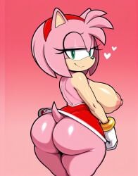 ai_generated amy_rose ass_focus big_ass big_butt dress dress_lift furry furry_female green_eyes hairband hedgehog_girl large_ass large_breasts looking_back mobian mobian_(species) no_bra no_panties no_underwear pink_background pink_body pink_fur pink_hair pink_nipples pink_skin pink_skinned_female short_dress sonic_(series) sonic_the_hedgehog_(series) stable_diffusion