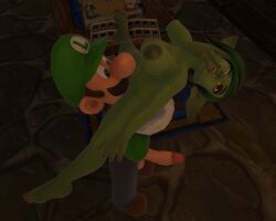barefoot blizzard cunnilingus eating_out eating_pussy goblin goblin goblin_female luigi mario(series) nintendo orgasm orgasm_face pleasured_face super_mario_bros.