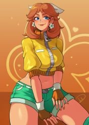 1girls alternate_costume blue_eyes bow breasts brown_hair deliciousbrain earrings flower_earrings green_shorts hairbow looking_at_viewer mario_(series) mario_kart mario_kart_world navel nintendo official_alternate_costume princess_daisy princess_daisy_(touring) short_hair shorts solo turtleneck white_bow white_hair_bow zipper zipper_pull_tab