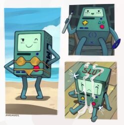 adventure_time ambiguous_gender anthro ass beach bikini bmo bodily_fluids cartoon_network clothing cum cum_on_face forced genital_fluids genitals hi_res machine marsminer pussy rape robot sex solo swimwear two-piece_swimsuit