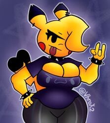 2d 2d_(artwork) 2d_artwork artist_name artist_signature big_breasts breasts busty curvy curvy_female curvy_figure devil_horns_(gesture) ear_piercing game_freak hair_over_one_eye hand_on_hip heart_tail looking_at_viewer nintendo original_character piercing piercings pikachu pokemon pokemon_(species) punk punk_girl punk_hair red_cheeks simple_background spiked_armlet tail tounge_out twitter_username vhrox2 wide_hips yellow_body yellow_skin