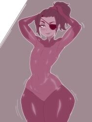 1boy arms_up ass big_ass big_butt character_request clothing curvaceous curvy curvy_figure eyepatch femboy fully_clothed gayplantsex girly grey_background huge_ass looking_at_viewer male male_only skin_tight slim_waist solo solo_male thick_thighs voluptuous voluptuous_male wide_hips