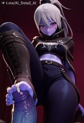 1boy ai_dota_ai ai_generated barefoot belt black_pants blue_skin boots borrowed_character breasts capelet colored_skin crop_top cum cum_on_body dota_2 drow_ranger feet female foot_focus footjob hair_between_eyes long_hair looking_at_viewer medium_breasts midriff nail_polish pants penis ponytail pov red_eyes smile solo_focus straight toenail_polish toenails toes traxex uncensored veins veiny_penis vicineko_style white_hair