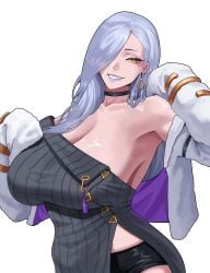 absurdres arapanchi black_choker breasts choker cleavage earrings fate/grand_order fate_(series) female grey_hair grin hair_over_one_eye hands_up highres huge_breasts jewelry mrs._snake_(fate) oerba_yun_fang omi-san_(fate) single_earring smile solo strapless tube_top upper_body white_background yellow_eyes