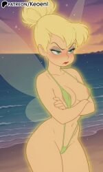 1girls ai_generated angry annoyed arms_crossed beach big_breasts blonde_female blonde_hair blue_eyes breasts bubble_ass bubble_butt covered_erect_nipples covered_nipples crossed_arms disney disney_fairies erect_nipples fairy fairy_wings female green_bikini green_eyes green_sling_bikini hair_bun hi_res keoenl lipstick looking_at_viewer makeup medium_breasts patreon peter_pan_(disney) sea sling_bikini slingshot_swimsuit solo sunrise tinker_bell transparent_wings wide_hips