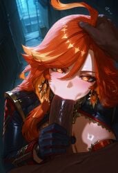 1boy 1girls :>= ahoge ai_generated alley bangs black_gloves blush breasts cheek_bulge cleavage clothed_female_nude_male clothing curvaceous curvaceous_female curvaceous_figure curvy curvy_figure dark-skinned_male dark_skin earrings erection fellatio female female female_focus genshin_impact gloves hair_between_eyes hand_on_another's_head heart heart-shaped_pupils hoyoverse interracial jacket jewelry large_breasts large_penis lips lipstick_mark long_hair long_sleeves looking_at_viewer male male_pov mavuika_(genshin_impact) mikayori multicolored_hair nipples nude oral orange_eyes orange_hair penis red_hair solo_focus straight symbol-shaped_pupils veins veiny_penis voluptuous voluptuous_female