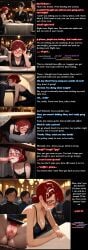 ai_generated black_dress black_suit blowjob cum_in_hair cum_in_mouth cum_on_breasts cum_on_face embarrassed femsub glasses humiliated humiliation maledom pubic_hair public_indecency public_sex pussy_juice pussy_juice_drip pussy_juice_string red_hair_female restaurant surprised_expression swollen_pussy text_box under_the_table wet_pussy