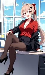 aged_up ai_generated big_breasts black_blazer black_coat black_heels black_skirt blazer blush bow_in_hair city city_background clothed collared_shirt day daytime evil_neuro formal_wear heart_hair_ornament heels indoors light_brown_hair looking_at_viewer oerba_yun_fang office office_lady pantyhose pixai ponytail red_bow red_eyes red_shirt sitting_on_desk skirt slim_waist vtuber window