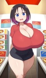 ai_generated black_hair blue_eyes cleavage elma_(dragon_maid) huge_breasts miss_kobayashi's_dragon_maid nervous pizza_delivery thick_thighs two_tone_hair