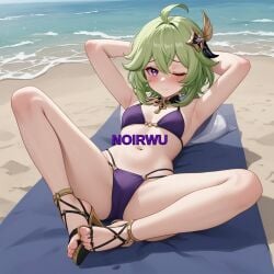 ai_generated beach bikini collei_(genshin_impact) elegant_high_heels feet genshin_impact green_hair hair_between_eyes high_heels highres lying_on_towel medium_hair noirwu ocean one_eye_closed purple_bikini purple_eyes spread_legs toes