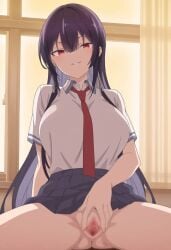 big_breasts black_hair breasts breasts_covered censored censored_pussy haitekudasai_takamine-san half-dressed half_naked legs_apart legs_spread long_black_hair long_hair looking_at_viewer mischievous_smile no_panties open_pussy opening_pussy pussy red_eyes school_skirt school_uniform schoolgirl shirt sitting sitting_on_desk skirt skirt_lift skirt_up smile solo solo_female solo_focus spread_pussy spreading_pussy takamine_takane tie