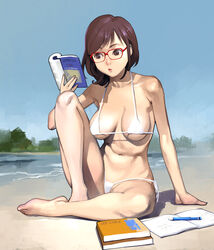 bangs barefoot beach bikini book breasts brown_eyes brown_hair cleavage day feet female female huge_breasts inamitsu_shinji medium_breasts medium_hair megane micro_bikini navel ocean open_book original outdoors pen reading red-framed_eyewear short_hair side-tie_bikini sitting solo strap_gap string_bikini swept_bangs swimsuit underboob white_bikini white_swimsuit