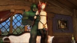 blood_elf bondage chastity_cage chastity_device collar cum femboy feminine_male gloves horny leather_harness lord_maldazzar orc orc_(warcraft) ponytail red_hair stockings sylas(kuthie) thigh_sex world_of_warcraft