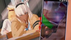 3d after_sex blonde_hair blue_eyes caenis_(fate) condom dark-skinned_female fate/grand_order fate_(series) fujimaru_ritsuka_(male) huge_ass huge_breasts koikatsu longer_than_one_minute mordred_(fate) muscular_male phone reverse_cowgirl_position school_desk school_uniform tagme video white_hair