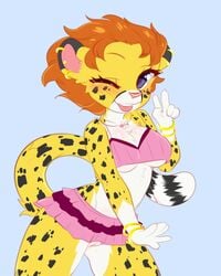 2019 5_fingers anthro barabybones blue_background breasts cheetah clothed clothing digital_media_(artwork) felid feline female fingers hair hi_res mammal nickii orange_hair pussy simple_background smile solo standing